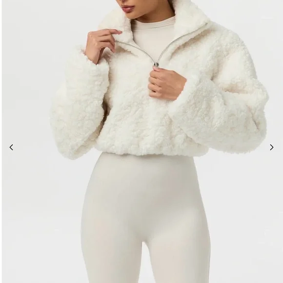 NWT NAKED WARDROBE SHERPA QUARTER-ZIP CROPPED SWEATER - Picture 2 of 9